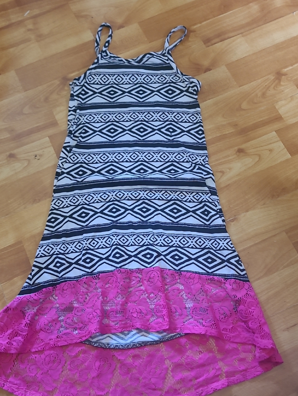 Girls Black & White Aztec Maxi Dress with Hot Pink Lace Hem
